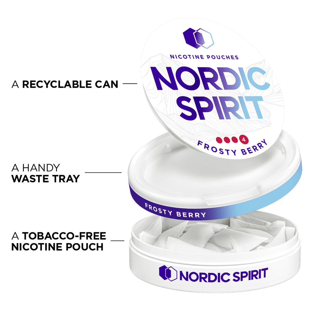Can of Nordic Spirit Frosty Berry Nicotine pouches in a X-strong strength, it's opened showing that the can contains nicotine pouches, is made of recyclable material and has a storage  for used pouches.