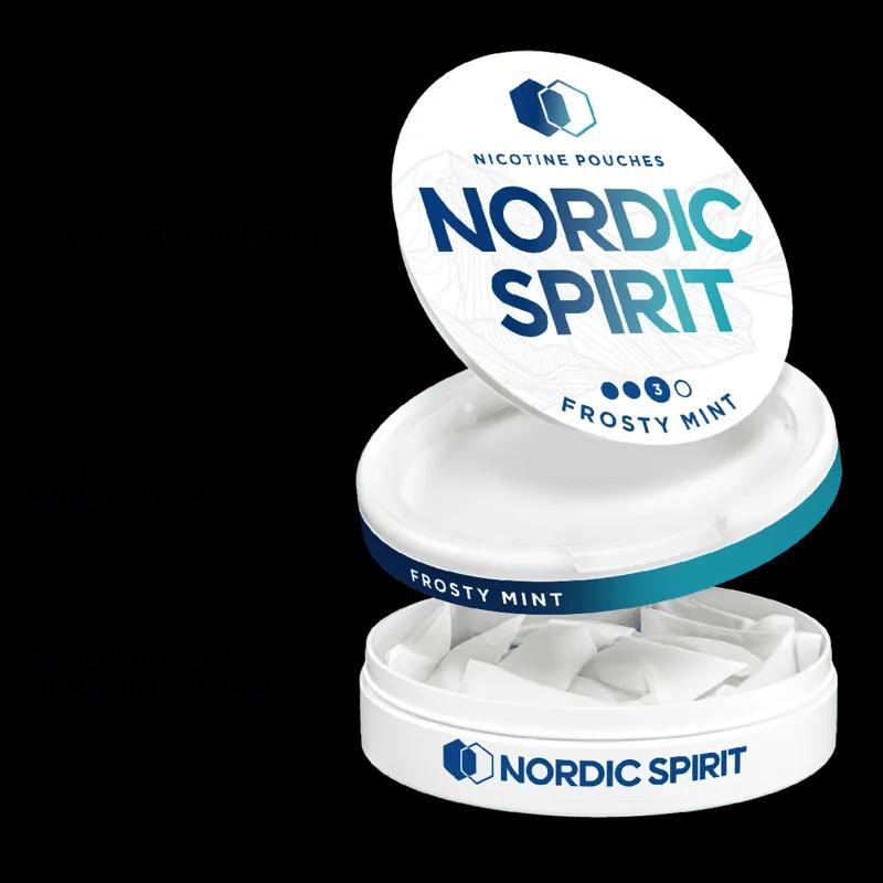 Can of Nordic Spirit Frosty Mint Nicotine pouches in a strong strength, it's opened showing that the can contains nicotine pouches, is made of recyclable material and has a storage try for used pouches.