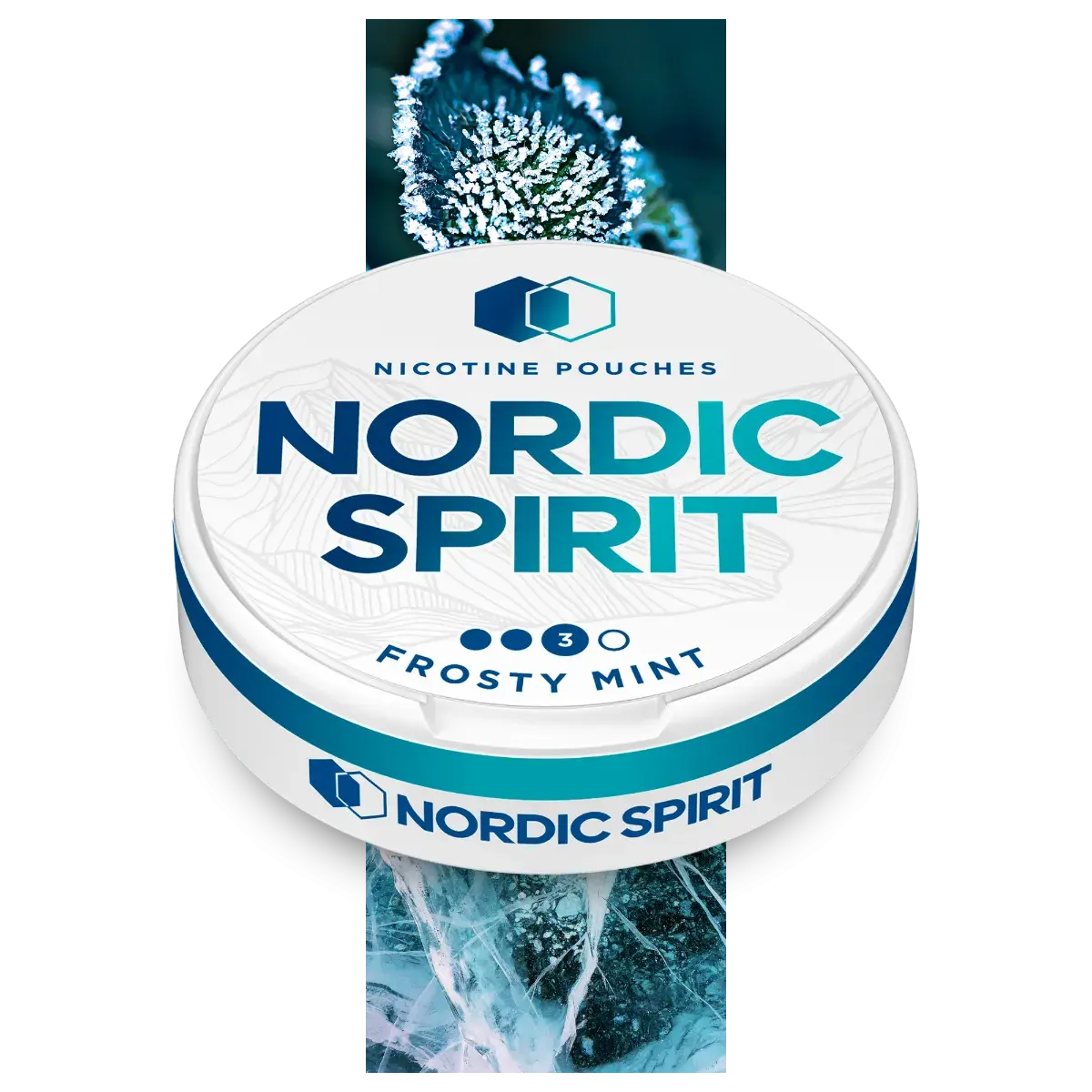 Can of Nordic Spirit Frosty Mint Nicotine pouches in a strong strength, it's opened showing that the can contains nicotine pouches, is made of recyclable material and has a storage try for used pouches.