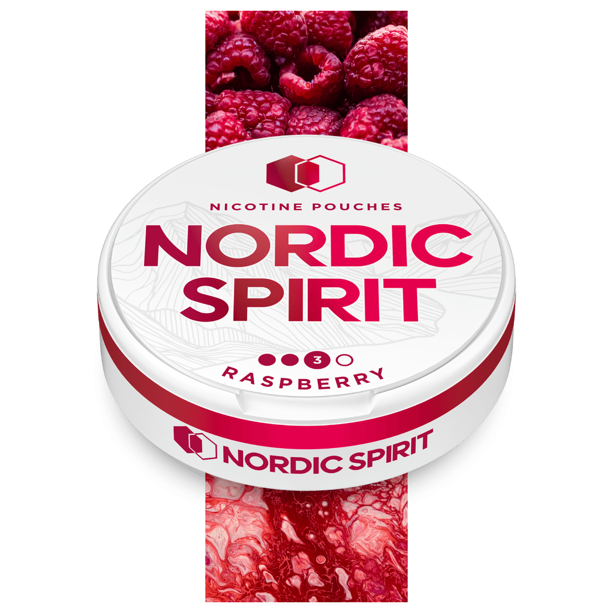 Can of Nordic Spirit Raspberry Nicotine pouches in a strong strength.