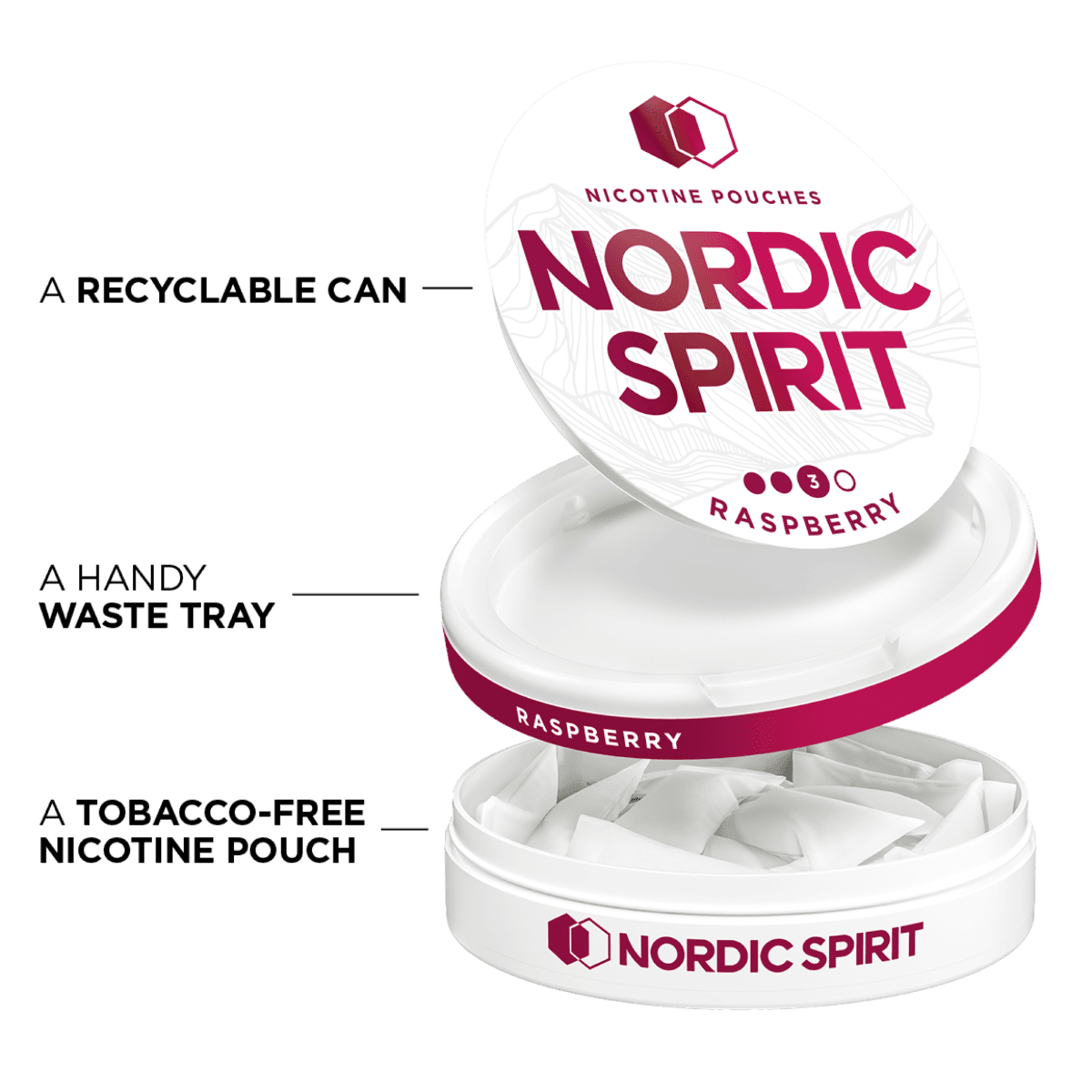 Can of Nordic Spirit Raspberry Nicotine pouches in a strong strength, it's opened showing that the can contains nicotine pouches, is made of recyclable material and has a storage try for used pouches.