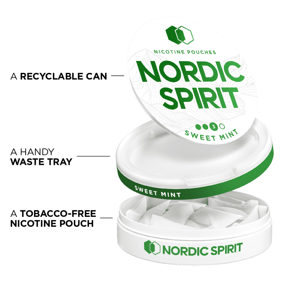 Can of Nordic Spirit Sweet Mint Nicotine pouches in a strong strength, it's opened showing that the can contains nicotine pouches, is made of recyclable material and has a storage tray for used pouches.