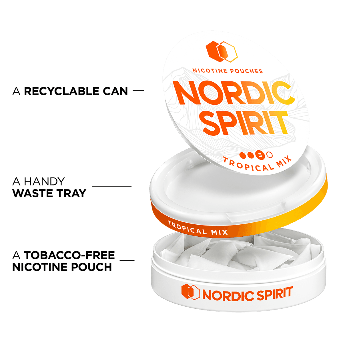 Can of Nordic Spirit Tropical Mix Nicotine pouches in a strong strength, it's opened showing that the can contains nicotine pouches, is made of recyclable material and has a storage tray for used pouches.