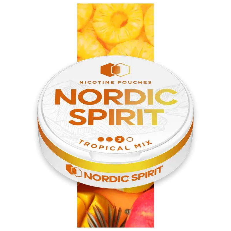 Can of Nordic Spirit Tropical Mix Nicotine pouches in a strong strength.