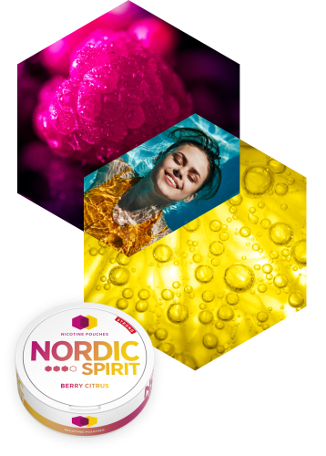 Close up of woman in a swimming pool along side a can of Nordic Spirit Berry Citrus Nicotine Pouches.