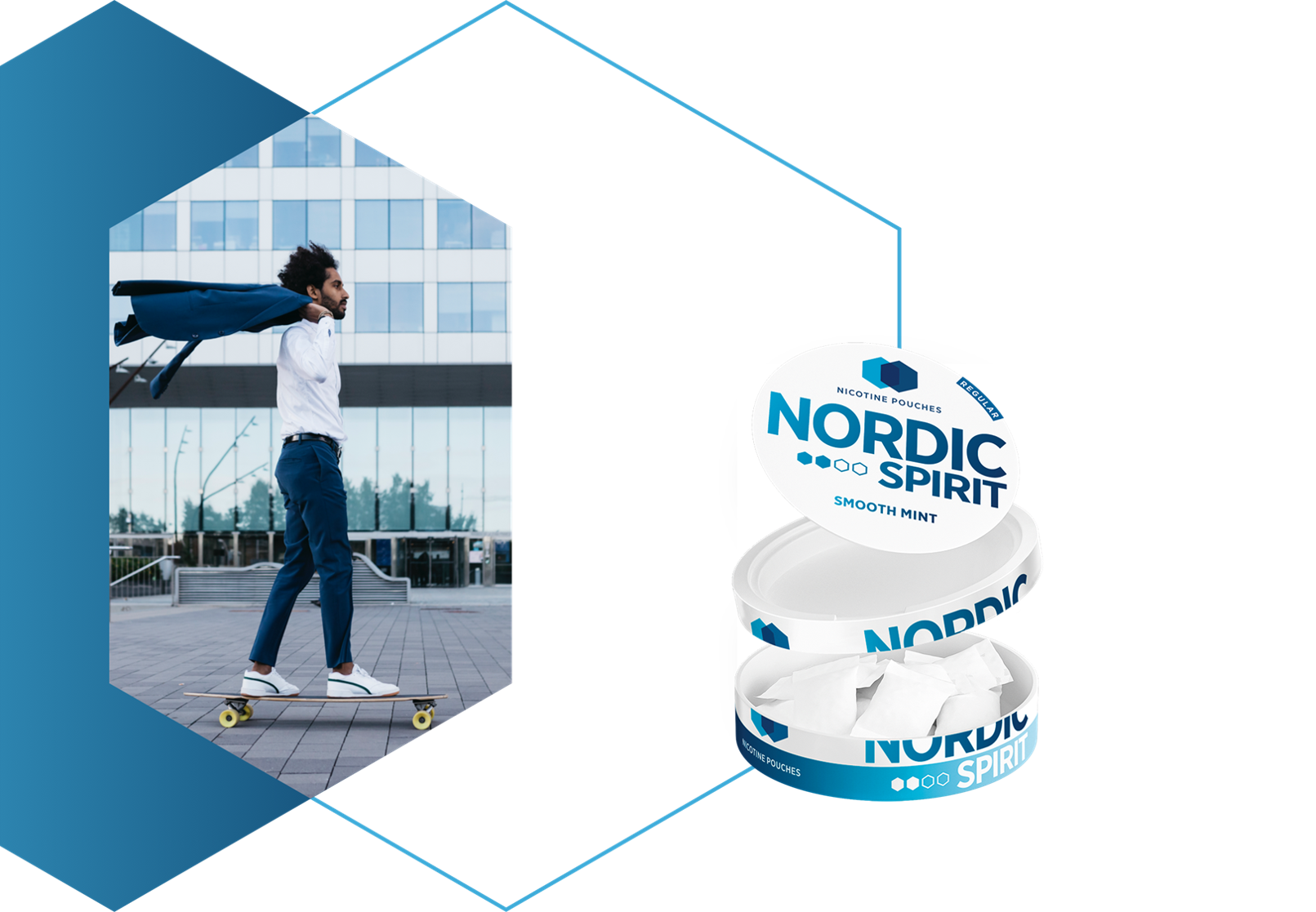 Man skateboarding in formal attire along side a can of Nordic Spirit Smooth Mint Nicotine Pouches.