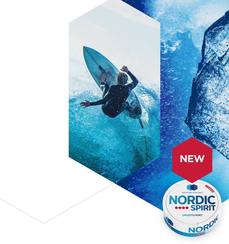 Action shot of a surfer along side a can of new extra strong variant of Nordic Spirit smooth mint nicotine pouches.