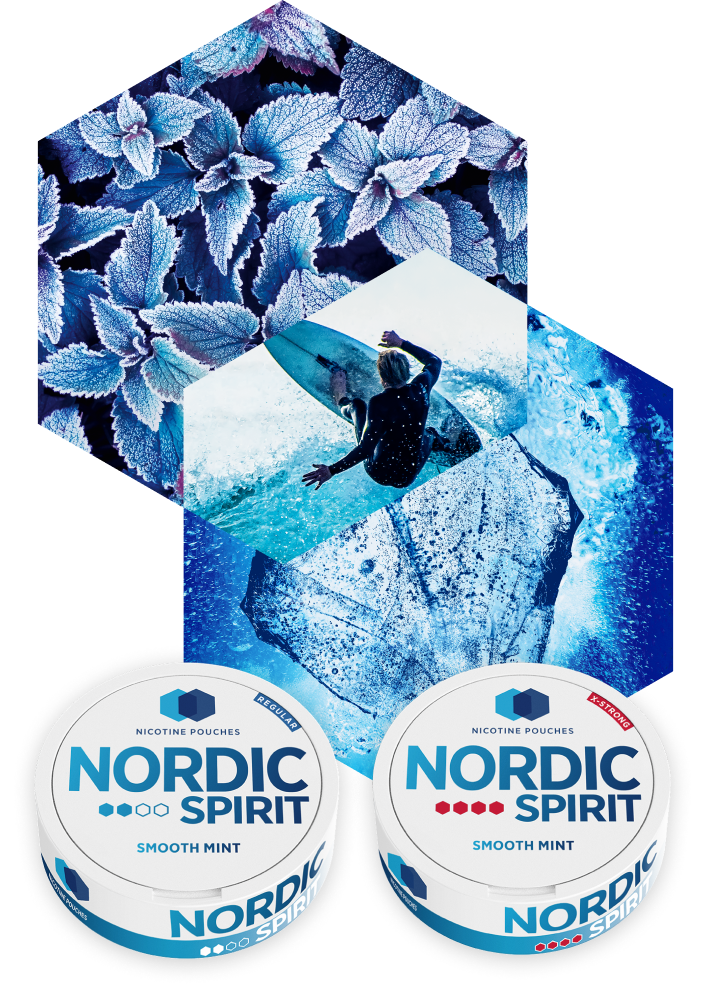 Action shot of a surfer along side a cans of Nordic Spirit Smooth mint nicotine pouches in regular and extra strong variants.
