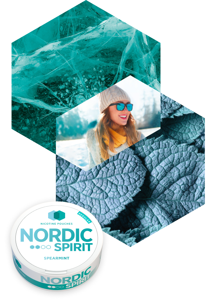 Close up of woman looking happy in winter clothing along side a can of Nordic Spirit Spearmint Flavour Nicotine Pouches.