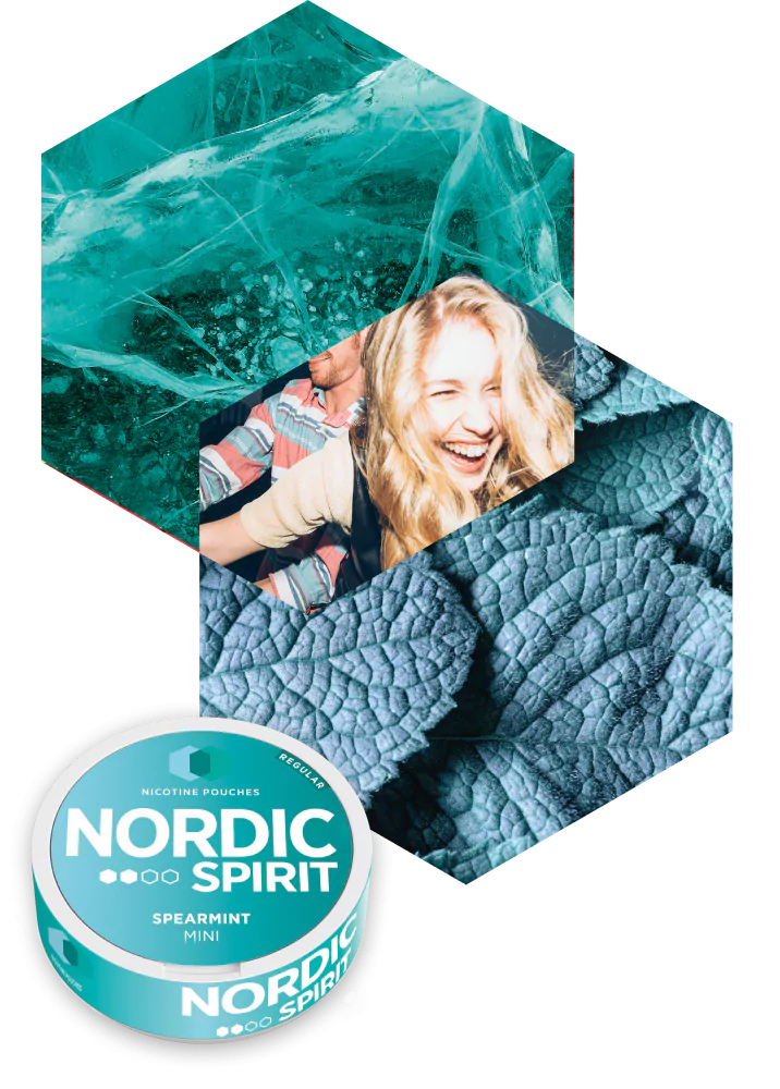 Close up of woman laughing along side a can of Nordic Spirit Spearmint Flavour Mini Nicotine Pouches.