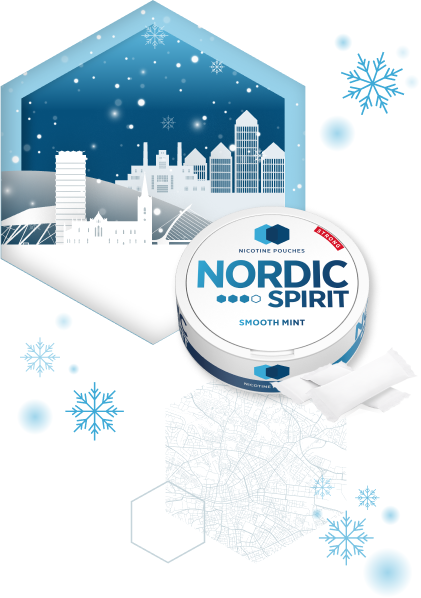 Christmas stencil graphics of Irish building with a can of Nordic Spirit Smooth Mint Nicotine Pouches