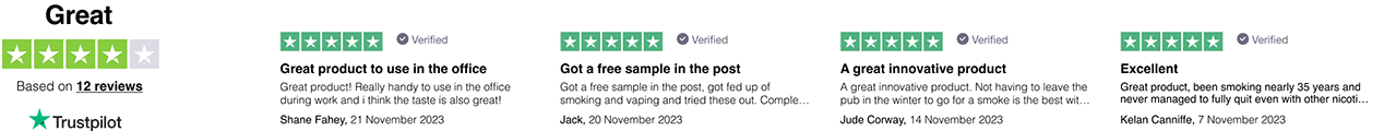 List of four 5/5 rated Trustpilot reviews. Overall rating 4/5 based on 12 reviews.